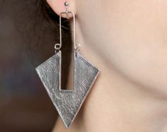 Pair of earrings Chunky jewelry Silver statement Large dangles | Etsy Silver Triangle Earrings For Party, Silver Triangle Single Earring, Silver Triangle Party Earrings, Nickel Free Triangle Metal Earrings, Handmade Silver Geometric Earrings, Modern Silver Triangle Earrings, Nickel-free Metal Triangle Earrings, Silver Triangle Metal Jewelry, Triangle Silver Jewelry For Party