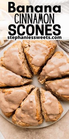 banana cinnamon scones are arranged on a white plate