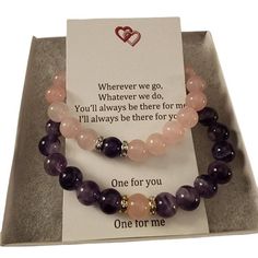 Matching set of gemstone bracelets for couples, friends, or family Remind yourself of the special relationships you have with those that you adore with these couples/distance bracelets. Each set comes in a complimentary gift box with a note that reads: "Wherever we go, Whatever we do, You'll always be there for me I'll always be there for you. One for you One for me" Perfect for gift giving ; Christmas, Valentine's day, Birthday, long distance relationships or just friendships Purple Dream Lace Amethyst and Pink Rose Quartz  Bracelets are made with high quality, AAA grade genuine natural semi-precious 8mm gemstones and include a magnetic clasp to attach to one another.  (Your choice of silver or gold settings) Available in several sizes.  To determine your size, measure your wrist with a f Amethyst 8mm Beads Jewelry Gift, Natural Stones Bracelets For Mother's Day, Natural Stone Bracelets For Mother's Day Gifts, Mother's Day Gift Bracelets With Natural Stones, Spiritual Jewelry With 8mm Beads For Birthday Gift, Spiritual 8mm Beads Jewelry For Birthday Gift, Purple Birthstone Beaded Bracelets As Gift, Purple Birthstone Beaded Bracelets For Gift, Purple Beaded Birthstone Bracelets As Gift