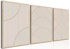 three wooden panels with wavy lines on the sides, one in white and one in beige