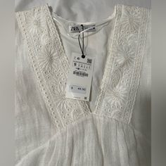 White Embroidery Light Weight Low V-Cut White Embroidered V-neck Shirt, White Embroidered V-neck Top, Spring V-neck Embroidered Cotton Dress, White Embroidered V-neck Tunic, Zara V-neck Floral Embroidered Dress, White Embroidery, V Cuts, Zara Dresses, Zara