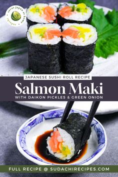 4 salmon sushi rolls on a gray plate decorated with a perilla leaf above one piece dipped in soy sauce Sushi Rolls Recipe, Maki Roll, Maki Sushi, Salmon Soy Sauce, Salmon Sashimi, Salmon Sushi