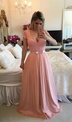 Pink V-neck Mini Dress For Prom, Elegant V-neck Gown For Homecoming, Feminine V-neck Mini Dress For Prom, Pink V-neck Bridesmaid Dress For Party, Feminine V-neck Dress For Prom, Fitted Long Chiffon Evening Dress, Fitted Bodice V-neck Dress For Homecoming, Short Sleeve Dresses With Fitted Bodice For Homecoming, Fitted Chiffon Gown Dress