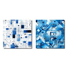 two blue and white abstract paintings, one with square shapes on it's sides