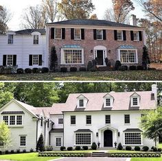 before and after photos of a brick colonial home in the fall or early autumn,