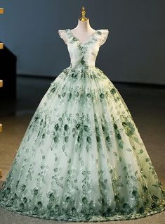 Green Tulle 3D Flower V-neck Quinceanera Dress Green Floral Print Prom Dress, Spring Wedding Green Ball Gown, Green Spring Dress For Debutante Ball, Green Dress For Debutante Ball In Spring, Spring Green Ball Gown, Green Tulle Gown, Quinceanera Dresses Green, Green Tulle, Prom Dress Plus Size