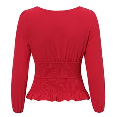 FREE SHIPPING Women Red Crop Tops High Waist Twist Ruffle Winter Blouses JKP3568 Fitted V-neck Peplum Top For Fall, Solid Color Tops With Ruffle Hem And Stretch, Solid Color Stretch Top With Ruffle Hem, Casual Long Sleeve Peplum Top With Ruffle Hem, Fall Long Sleeve Peplum Top With Ruffles, Winter V-neck Top With Ruffles, Casual Ruffled Peplum Top For Fall, Fitted Tops With Ruffle Hem For Fall, Red Fitted Peplum Top