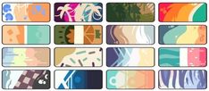 an assortment of colorful abstract banners with palm trees in the background and text below them