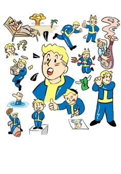 an image of a cartoon character surrounded by other people in blue and yellow outfits,