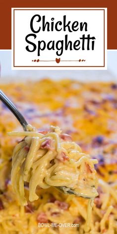 a spoon full of chicken spaghetti is being lifted from the casserole