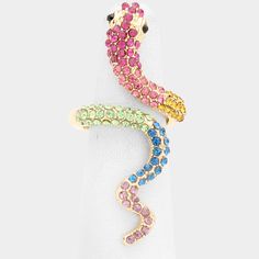 Ring Details: Multicolor Rhinestone Pave Snake Coil Ring Size : 2" H Adjustable Multicolor Crystal Ring For Party, Trendy Multicolor Rings For Party, Multicolor Open Ring For Party, Multicolor Open Crystal Ring, Coil Ring, Lowest Price, Ring Size, On Sale, Size 2