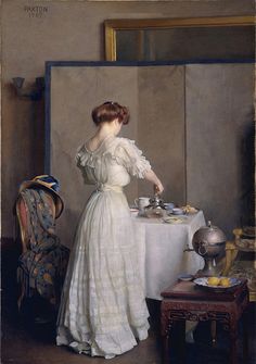 a painting of a woman in a white dress standing at a table with food on it