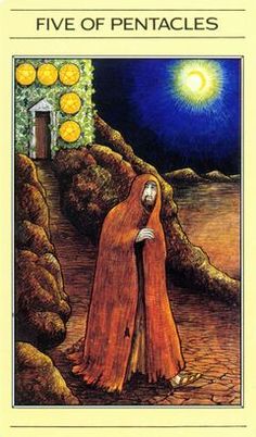 the five of pentacles in an illustrated book