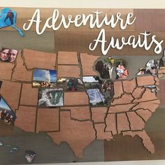 a wooden map of the united states with pictures on it and words that read adventure awaits