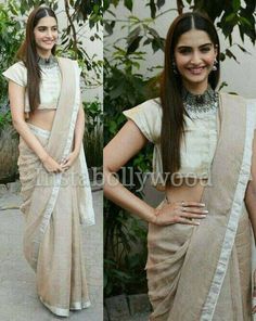 Linen Saree With Pallu, Linen Saree With Cutdana Detailing, Festive Linen Saree With Pallu Detail, Wedding Linen Saree With Handloom Detail, Festive Wedding Linen Saree, Festive Linen Saree With Zari Weaving, Linen Cutdana Saree For Festive Occasions, Linen Dupatta For Wedding And Festivals, Sonam Kapoor Fashion