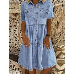 Season:Summer,Spring; Fabric:Denim; Sleeve Length:Short Sleeve; Look After Me:Machine wash,Hand wash; Gender:Women's; Style:Basic,Casual,Modern; Elasticity:Micro-elastic; Occasion:Date,Vacation; Fit Type:Regular Fit; Dresses Type:Shirt Dress,Denim Dress; Pattern:Plain; Design:Buttons,Pocket; Neckline:Shirt Collar; Front page:FF; Listing Date:06/03/2024; Production mode:External procurement; Bust:; Length:; Shoulder Width:; Fit US Size:; Fit UK Size:; Fit EU Size:; Dress Length Type:Midi Dress; P Loose Denim Dress, Vestiti In Jeans, Vintage Long Dress, Denim Jean Dress, Womens Denim Dress, Denim Midi Dress, Weave Style, Denim Shirt Dress, Vestido Casual