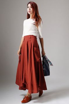 Linen skirt maxi skirt red long women skirt 1044 by xiaolizi Fall Skirt With Pockets And Asymmetrical Hem, Asymmetrical Skirt With Pockets For Fall, Brown Flowy Maxi Skirt With Pockets, Asymmetrical Flowy Skirt With Pockets, Long Red Skirt With Pockets, Asymmetrical Skirt With Pockets In Relaxed Fit, Flowy Red Maxi Skirt With Pockets, Red Flowy Maxi Skirt With Pockets, Asymmetrical Maxi Skirt With Pockets