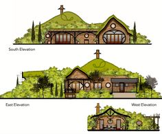 three different views of a house with trees and bushes on the roof, side by side