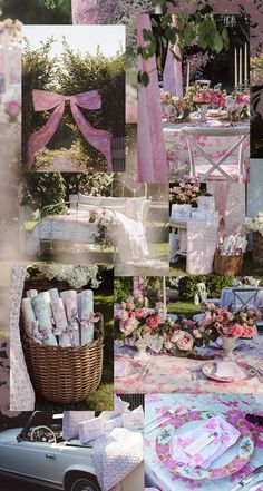 a collage of pink and white pictures with flowers on the table, plates, napkins, and other items