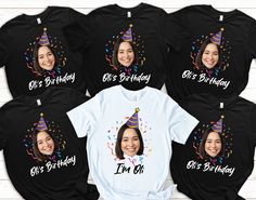 six birthday shirts with an image of a woman wearing a party hat