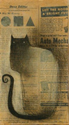 a drawing of a black cat sitting on top of a news paper with the words auto mecha written below it