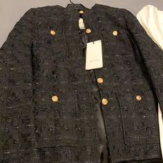 Very Classy And Elegant Gucci Knit Jacket With Gold Gg Buttons Throughout. This One Will Definitely Steal The Look Anywhere You Go. Comes With Clothing Bag For Protection. Gucci Knit, White Pea Coat, Gucci Jackets, Gucci Coat, Gucci Jacket, Silk Vest, Gucci Floral, Collarless Jacket, Classy And Elegant