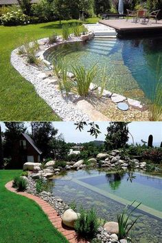 two different views of a backyard pond with rocks and grass in the foreground, one is