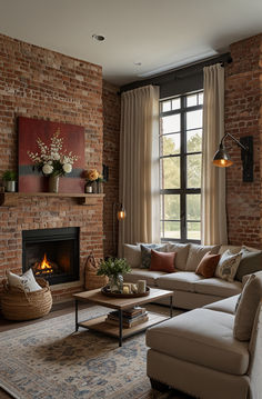 #industriallivingroom #exposedbrick #concretefloors #velvetfurniture #metallicaccents #greenery #urbanvibes #homedecor #livingroomgoals #modernretreat Exposed Brick Lounge, Living Room Many Windows, Coffee Living Room Ideas, Brick Home Interior Design, Living Room White Brick Wall, Brick Fireplace In Living Room, Cosy Industrial Living Room, Brickwall Interiors Living Room, Living Room With Red Brick Fireplace