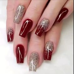 24pcs Golden Glitter Square Press On Nails - Medium Size Acrylic Wine Red Design For Bridal Wedding Use Brand New Never Worn! Golden Nail Art, Ballet Nails, Golden Nails, Bridal Nail Art, Fancy Nails Designs, Nails For Women, Nail Designs Glitter, Stick On Nails