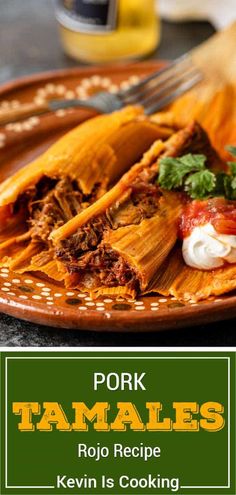 pork tamales on a plate with sauce and sour cream