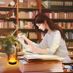 a woman sitting at a desk reading a book in front of a bookshelf