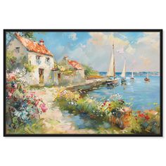 a painting of boats on the water near a shore with flowers and plants in front of it