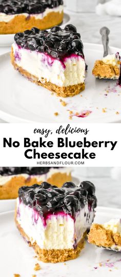 no bake blueberry cheesecake on a white plate with a bite taken out