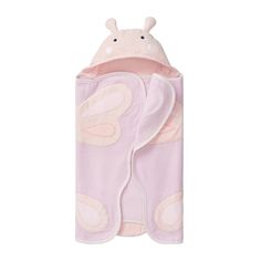 a pink hooded towel with an animal on it