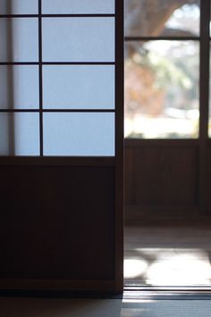 an open door with a cat sitting on top of the floor in front of it