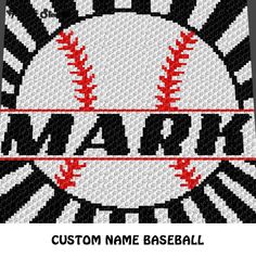 a black and white baseball with the word mark on it's side, surrounded by red stitches