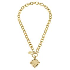 Italian coin framed in gold with gold link chain Approx 18" long Handcast with gold plate Toggle Closure Made in Texas Susan Shaw, Gold Coin Necklace, Toggle Necklace, Bee Necklace, Handmade Jewelry Designs, Looks Chic, Coin Necklace, Stunning Necklace, Gold Coins