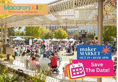 an outdoor market with lots of people sitting under umbrellas and signs that read maker market