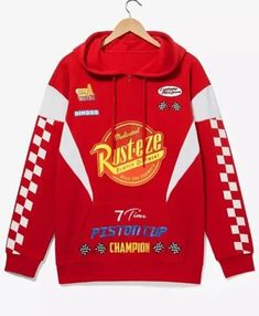 Disney and Pixar’s Cars Red Hoodie Lighting Mcqueen, Faux Jacket, Varsity Jacket Women, Celebrities Leather Jacket, Cafe Racer Jacket, Womens Black Leather Jacket, Disney And Pixar, Red Pullover, Puffer Jacket Women