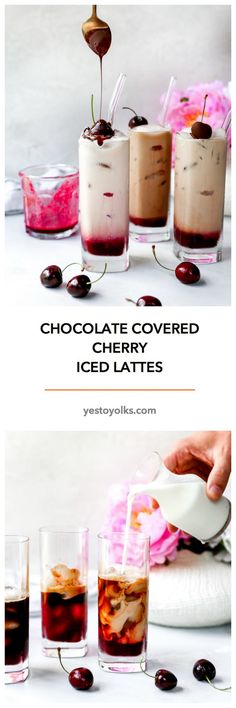 chocolate covered cherry iced lattes with cherries on the side and in glasses