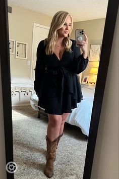 Western Casual Wedding Outfit Guest, Black Dresses With Cowboy Boots, Cowgirl Boots Wedding Guest, Cowboy Boots Wedding Outfit, Country Wedding Guest Dresses With Boots, Lbd Cowboy Boots Outfit, Country Concert Dress And Boots, Black Dress With Boots Country, Black Dress For Country Concert