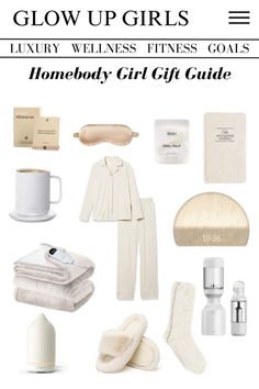 the contents of a women's gift guide with text that reads, glow girls luxury fitness