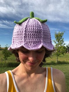 Handmade Crochet Bell Flower Hat. Perfect for your fantasy wardrobe or everyday gardening. Fits like a bucket hat measuring at 22cm in diameter.   Pattern by: Wonderlandpatternsco Spring Crochet Beanie Mini Hats, Hand Knitted Bonnet With Curved Brim, Handmade Brimmed Bonnet, Fitted Knitted Hat For Spring, Fitted Knitted Spring Hats, Spring Crochet Cloche Hat In One Size, Spring Yarn Cap, Knitted Brimmed Cloche Hat For Spring, Hand Knitted Spring Cap