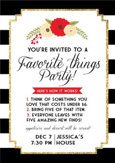 a black and white striped party card with red flowers on the front, text reads you're invited to a favorite things party here