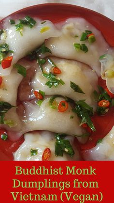 a red plate topped with dumplings and veggies