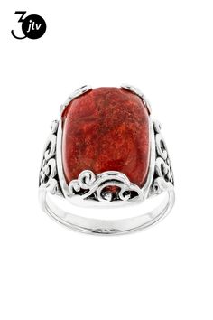 17x12mm Cushion Cabochon Sponge Coral Sterling Silver Solitaire Ring. Measures Approximately 0.75"L x 0.55"W. Not sizeable. Black Rhodium. Sponge Coral, Black Rhodium, Solitaire Ring, Coral, Sterling Silver, Ring, Silver, Red, Black