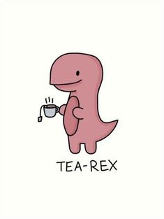 a pink dinosaur drinking tea from a cup