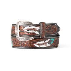 This sturdy and stylish belt is exactly what your jeans need. Featuring detailed embossing, colorful accents and contrasting stitching plus it's all finished off with a detailed silver buckle. Feather Embossed Belt | Product Features : 0 : Floral and feather embossing detail|Removable buckle|1 1/2\ wide strap | Men's Feather Embossed Belt in Brown Geniune leather. Details are hand-painted and vion may occur. Imported, Size: 40 by Ariat Steer Head, Contrasting Stitching, Concho Belt, Brown Fits, Wide Straps, Accent Colors, Emboss, Product Features, Mens Accessories