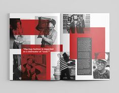 the book is open to show images of people in red and black, including an image of