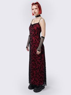 Meet Titania: a red cami maxi dress with all over velvet floral print in black, a lace trim neckline and mesh overlay. A blend of goth and witchy boho whimsy. Shop now at Minga London! Red Cami, Witchy Boho, Minga London, Black Overlay, Dark Red Dresses, Xxxl Dress, Velvet Cami, Witchy Goth, Cami Maxi Dress